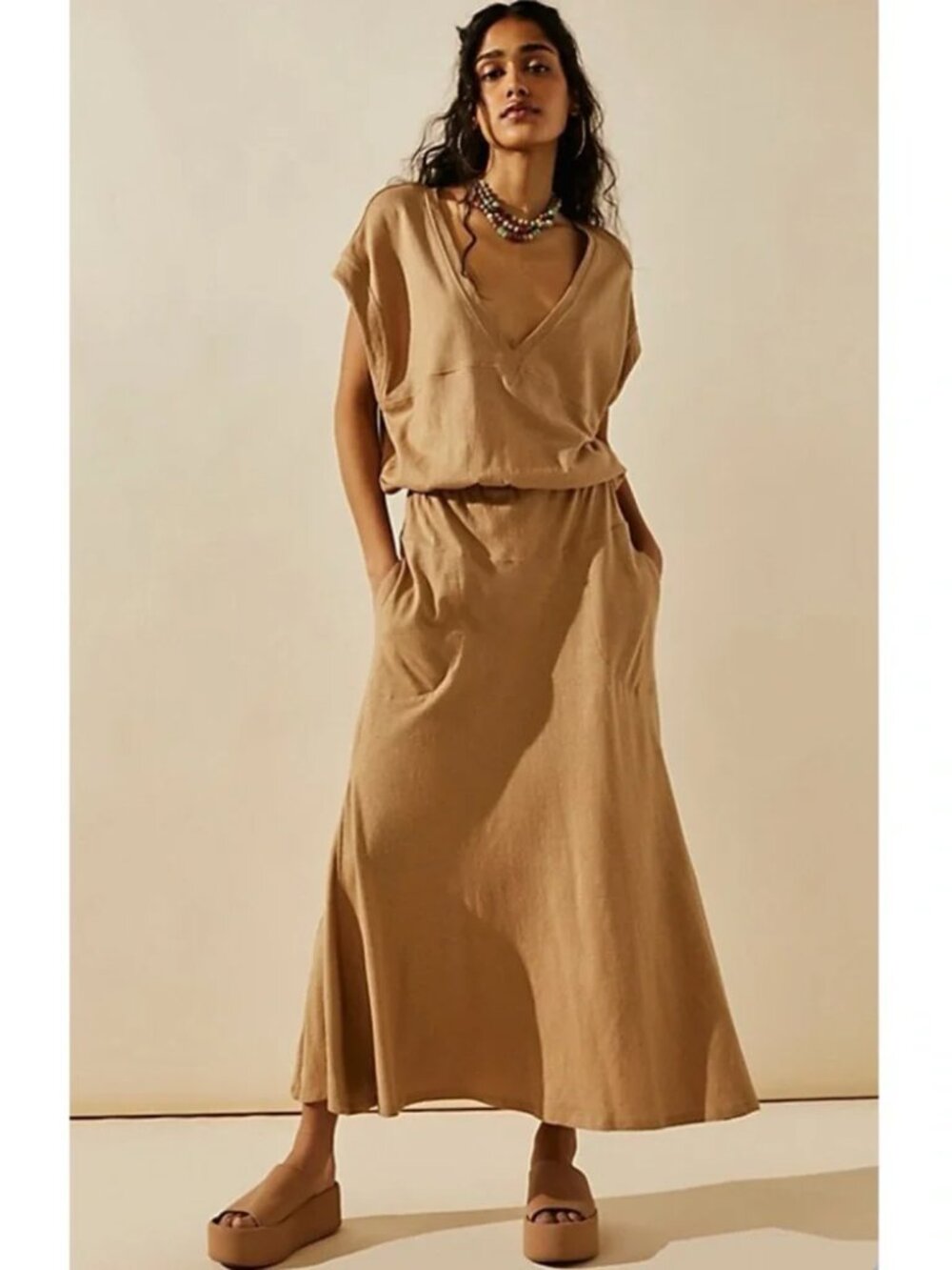 FREE PEOPLE BEACH  Marlow Midi V-Neck Dress, Size Petite Small, Pale Yellow